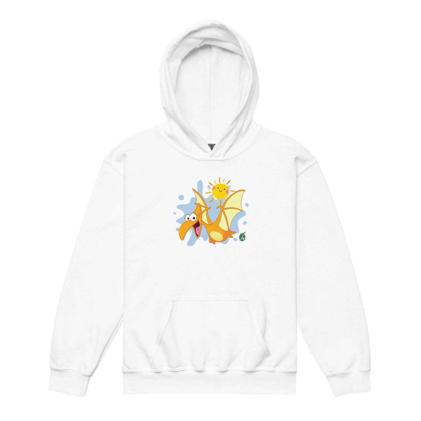 A Wizard Prints kids hoodie in white with a printed graphic on the front of a cartoon dinosaur