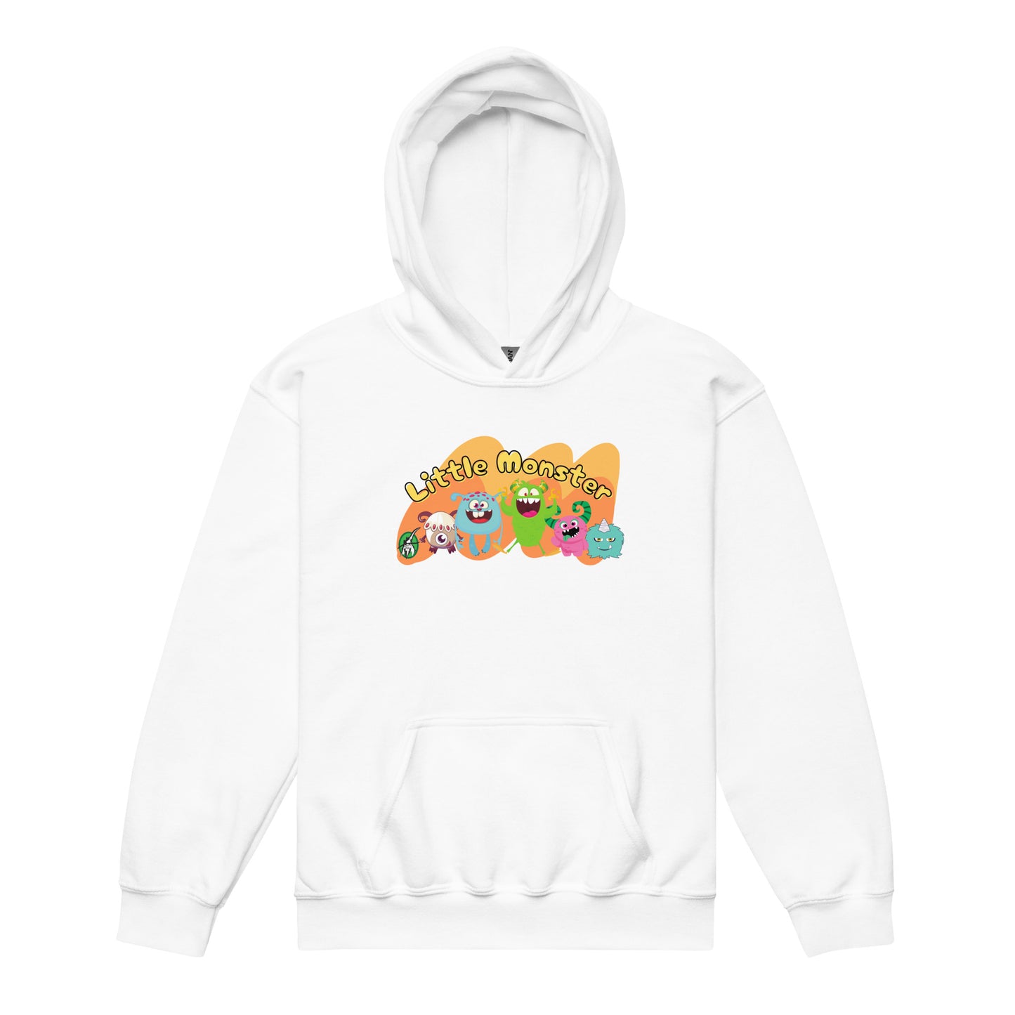 A Wizard Prints kids hoodie in whitewith a printed graphic on the front of cartoon characters of monsters with the words, Little Monsters 