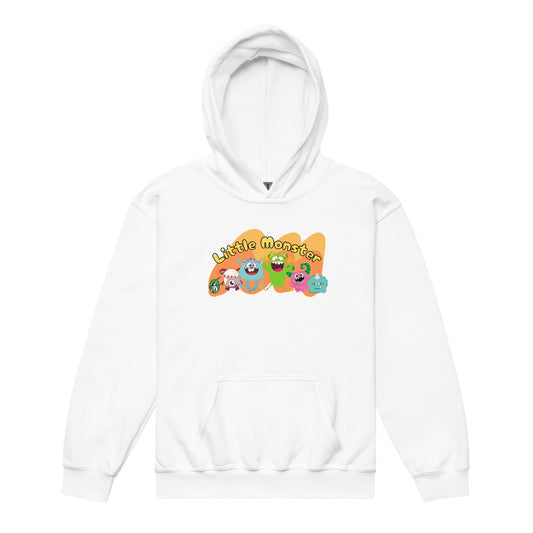 A Wizard Prints kids hoodie in whitewith a printed graphic on the front of cartoon characters of monsters with the words, Little Monsters 